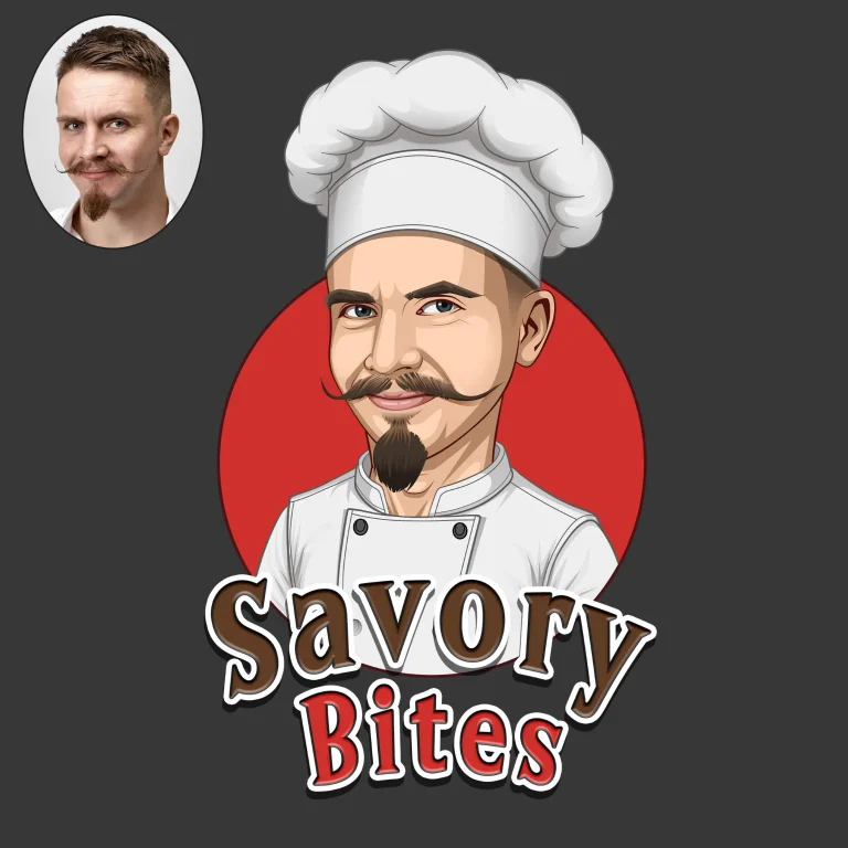 Cartoon logo of a chef with bold colors and clean outlines
