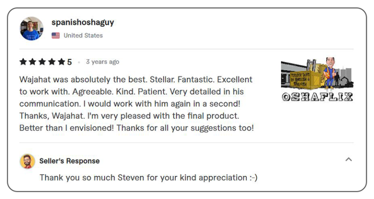 A 5-star review from Spanishoshaguy (USA), highlighting Wajahat Caricatures' excellent service, patience, communication, and detailed work. The client was extremely satisfied, stating the final result was better than envisioned.