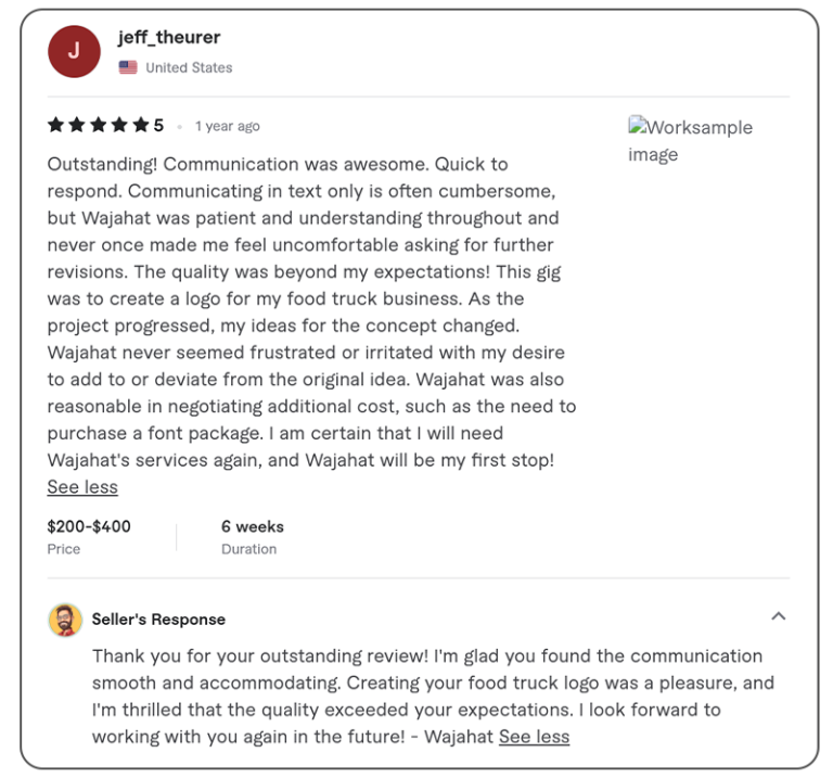 A 5-star review from jeff_theurer, a client from the United States, who shares an excellent experience working with Wajahat Caricatures for a food truck logo design. The client appreciates Wajahat’s clear communication, patience with revisions, and professionalism in adjusting to new ideas while staying reasonable with additional costs. The seller responds with gratitude, happy to have exceeded expectations.