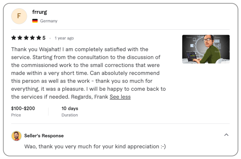 A 5-star review from Frank (Germany), who expresses complete satisfaction with Wajahat Caricatures. He praises the consultation process, clear communication, and quick corrections, calling the experience a pleasure. Frank highly recommends Wajahat’s work and is happy to return for future services. Wajahat responds with gratitude for the appreciation.