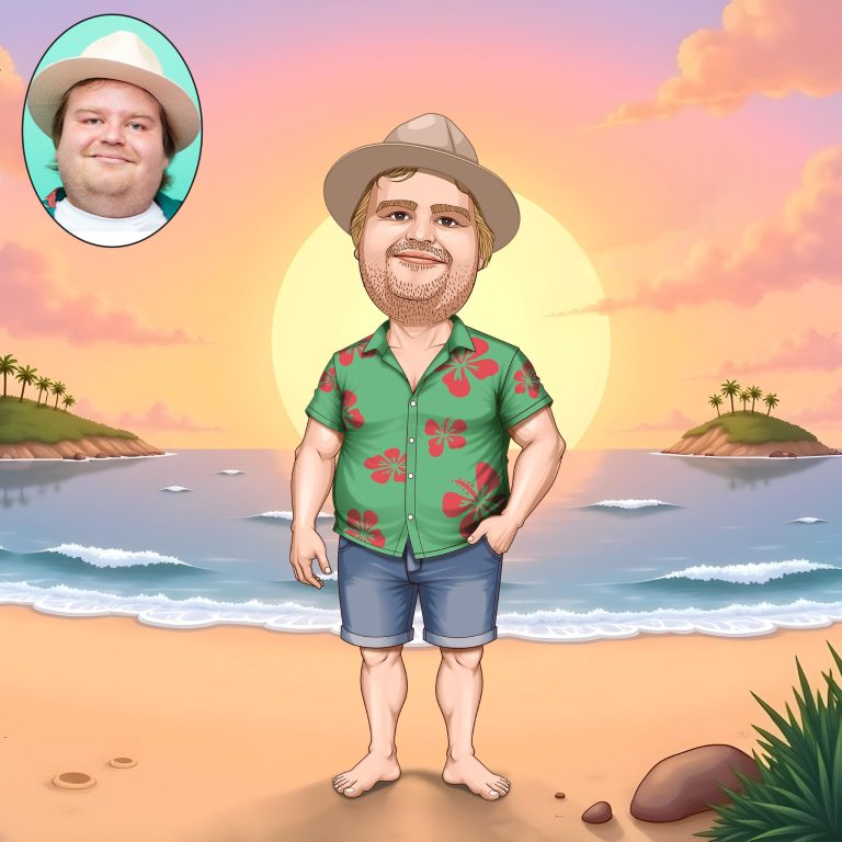 Personalized beach caricature featuring a relaxed and joyful seaside setting.