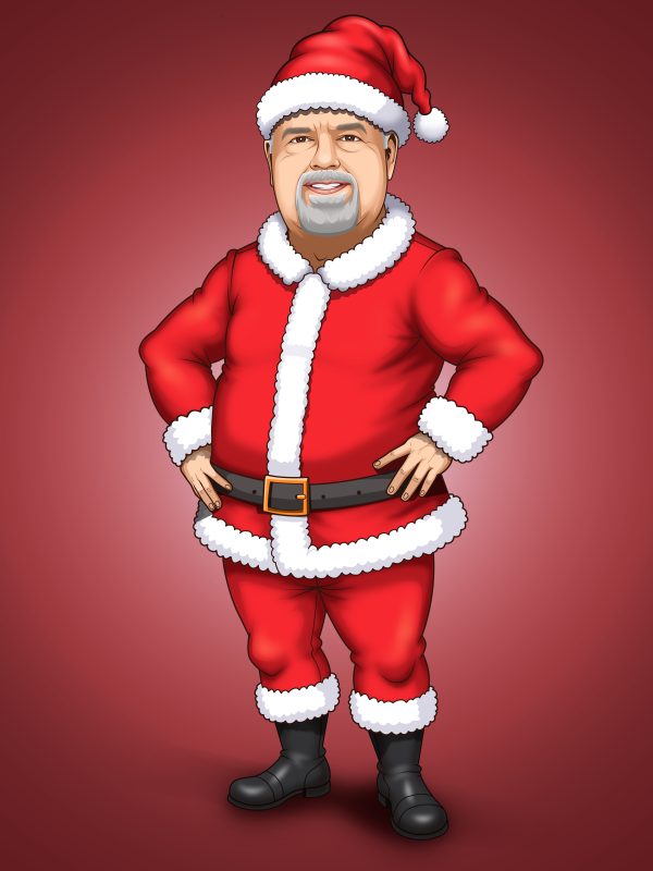 A custom caricature of Mr. Parks dressed as Santa Claus, with hands on hips, designed using brand colors and festive details for Parks Law Firm.