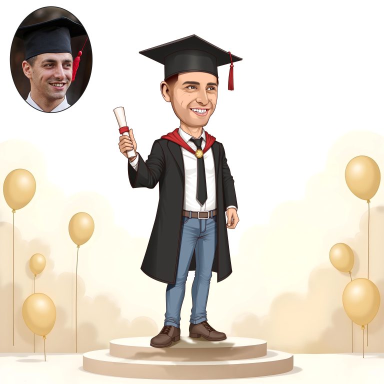 Custom digital caricature of a graduate in cap and gown, celebrating their achievement.
