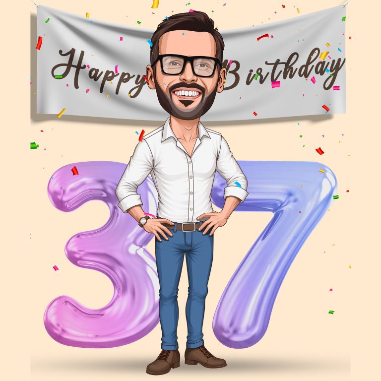 A custom digital birthday caricature featuring a fun, lively, and colorful cartoon-style portrait, perfect for a unique birthday gift.