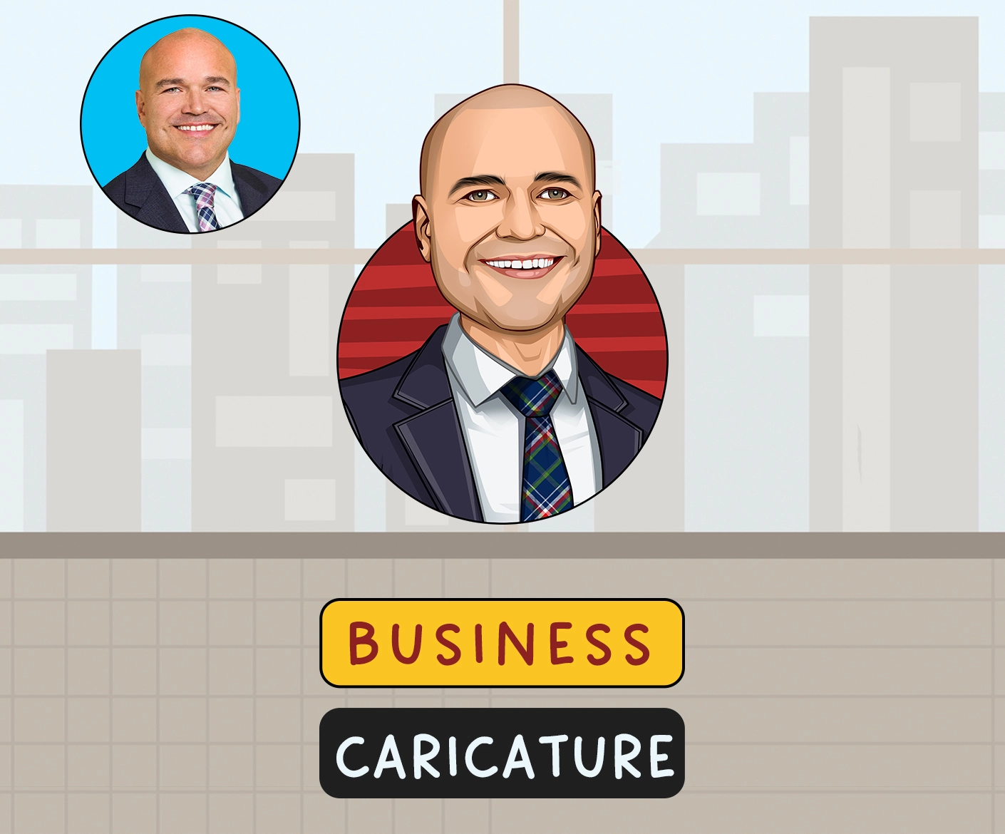 Professional business caricature of a smiling bald man in suit and tie, based on real photo
