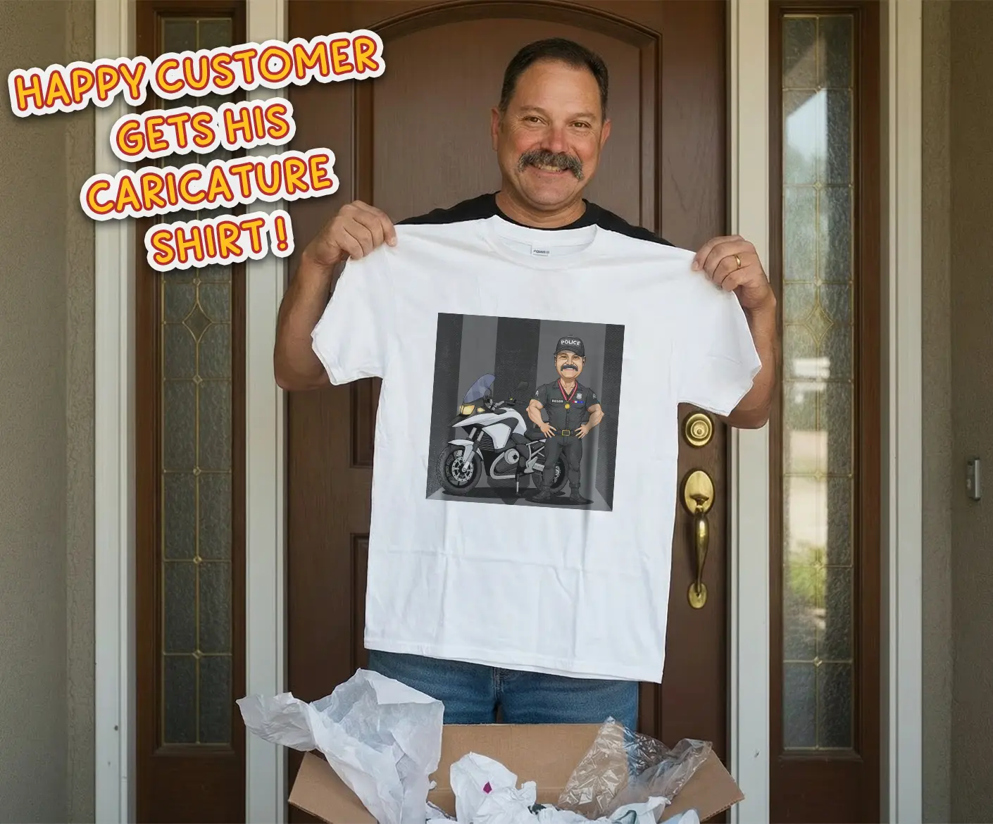 Man smiling and holding up a custom white t-shirt featuring his personalized police officer caricature and motorcycle.