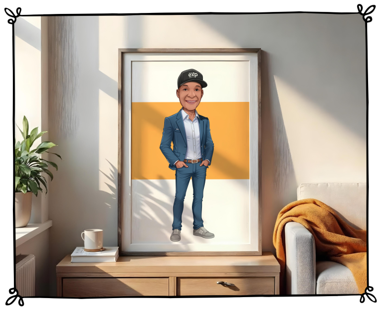 Printed caricature artwork in custom frame with personalized outfit and detailed illustration