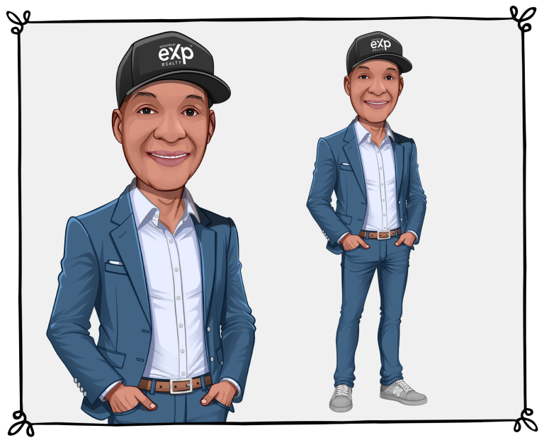 Digital caricature illustration in custom blue outfit with hat featuring logo, created from client’s reference photos