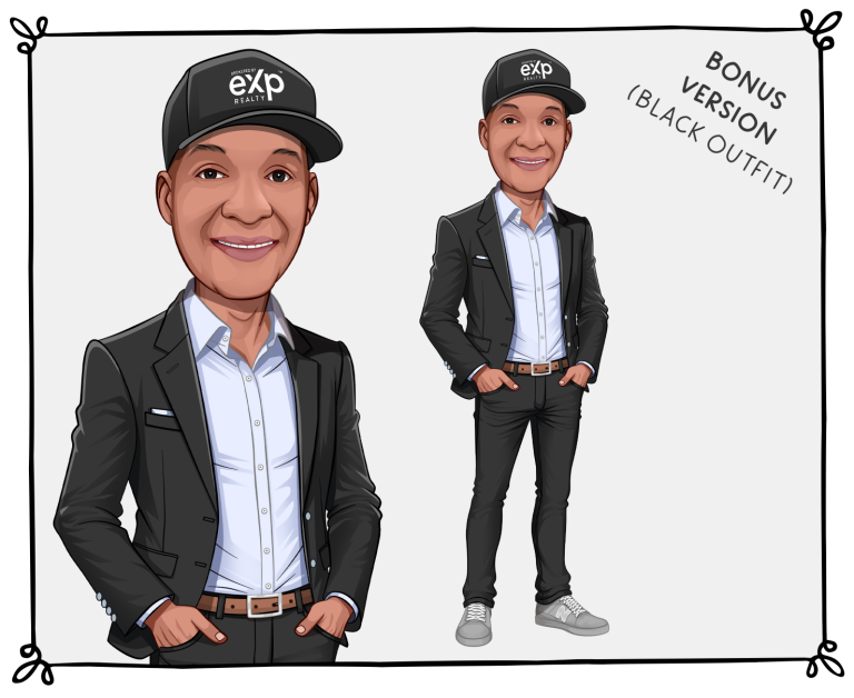 Full-body caricature in elegant black outfit, provided as a surprise bonus for client satisfaction