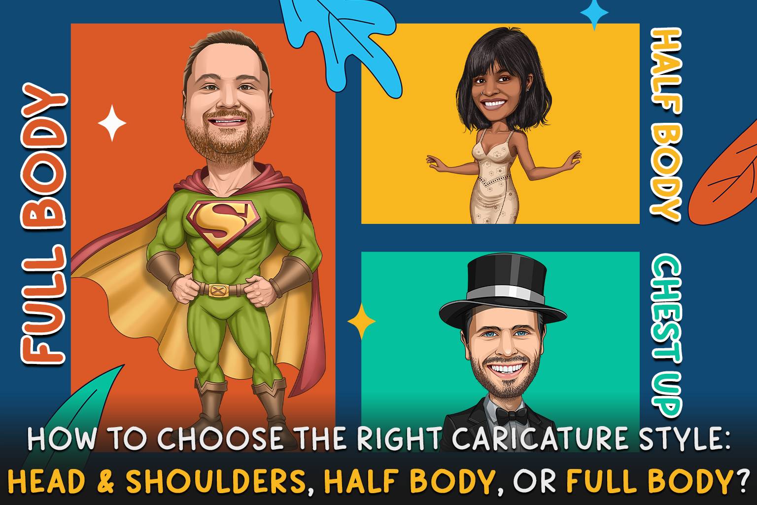 A comparison of head & shoulders, half-body, and full-body caricature styles, showcasing different levels of detail and customization.