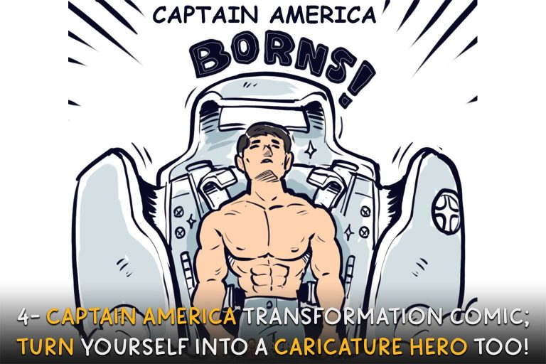 Captain America transformation chamber comic art with caption “Turn yourself into a caricature hero too”