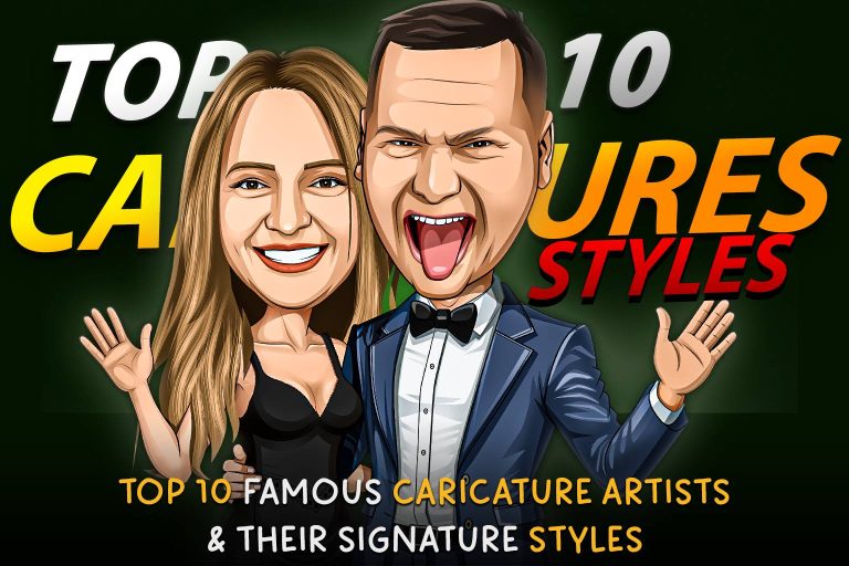 Digital cartoon caricature of a man and woman with expressive faces and bold text reading Top 10 Caricature Styles