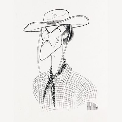 Minimal black-and-white caricature using flowing line art inspired by Al Hirschfeld