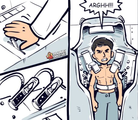 Hand pulling lever to activate transformation in Captain America comic-style caricature