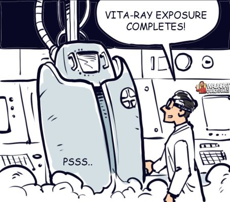 Transformation chamber glowing with energy during comic-style superhero parody