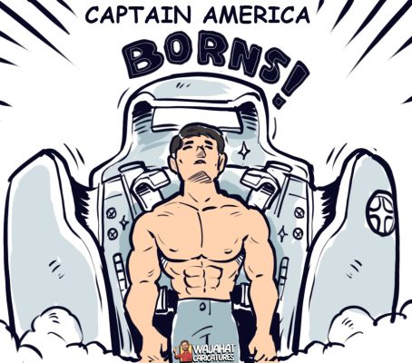 Muscular man emerges from transformation chamber in superhero cartoon style