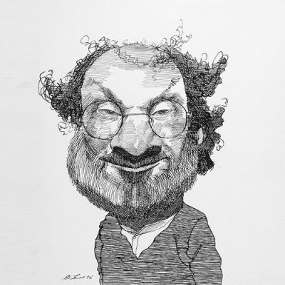 Black-and-white cross-hatched caricature of a public figure with intellectual expression