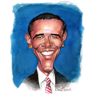 Obama Caricature in comic style with exaggerated facial expressions