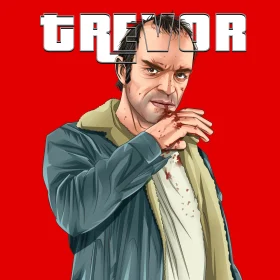 Cartoon-style fan art of Trevor Philips from GTA 5, showing an intense expression with bold outlines and flat colors, set against a white background.