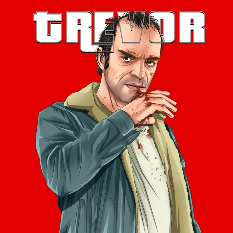 Cartoon-style fan art of Trevor Philips from GTA 5, showing an intense expression with bold outlines and flat colors, set against a white background.
