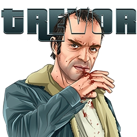 Cartoon-style fan art of Trevor Philips from GTA 5, showing an intense expression with bold outlines and flat colors, set against a white background.