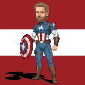 Cartoon-style Captain America fan art caricature with shield in heroic pose