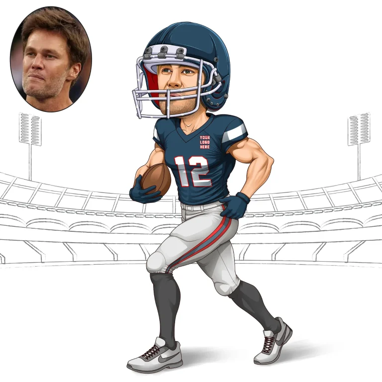 Cartoon caricature of a person dressed in an American Football uniform, wearing a helmet and holding a football on a field.