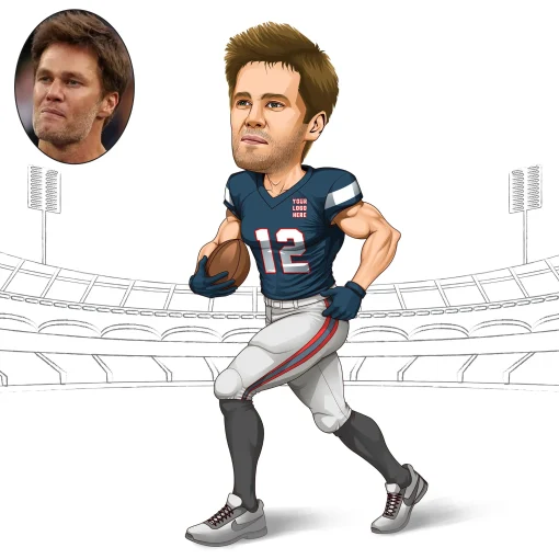 Cartoon caricature of a person dressed in an American Football uniform, wearing a helmet and holding a football on a field.