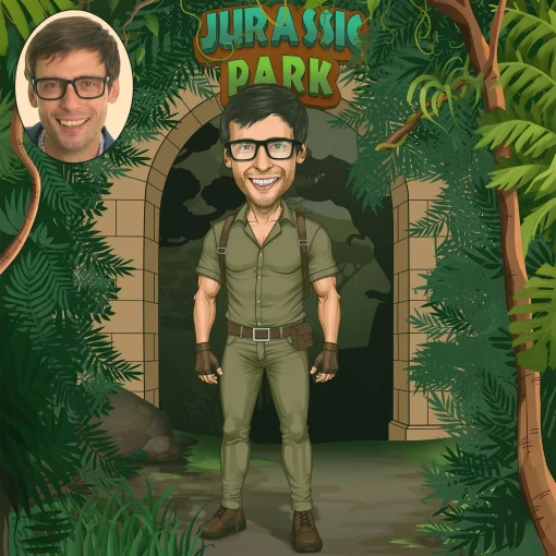 Custom Jurassic Park-style caricature featuring a person with Jurassic park themed background