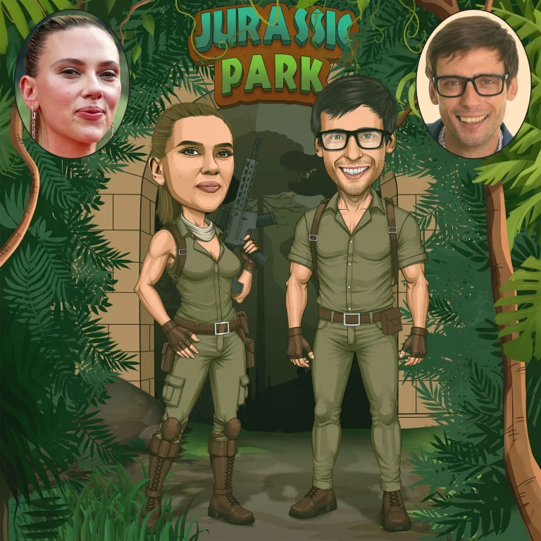 Custom Jurassic Park-style caricature featuring Scarlett Johansson with Jurassic park themed background