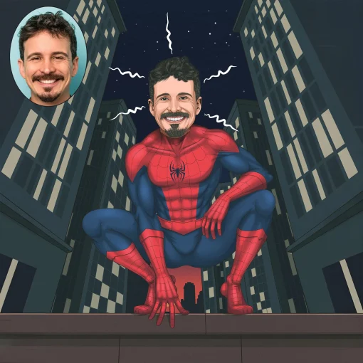 Personalized Spiderman caricature with custom costume and web-slinging pose