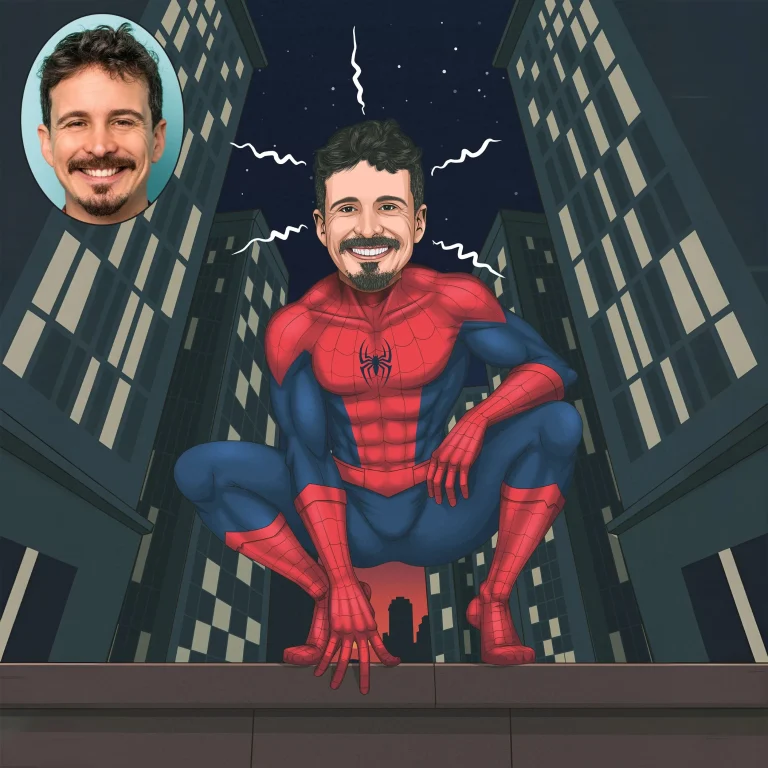 Personalized Spiderman caricature with custom costume and web-slinging pose