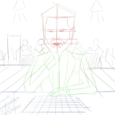 Rough sketch of cartoon-style chess caricature in progress