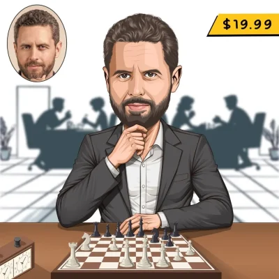 Cartoon chess caricature of a male player in chess uniform at the game board
