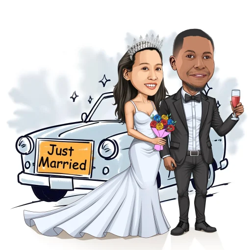 Cartoon vintage car with “Just Married” sign and flower decorations