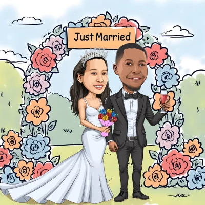 Cartoon-style floral arch with pink and white flowers for romantic caricature