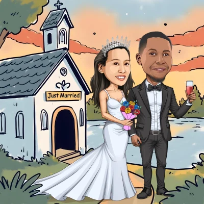Cartoon church chapel with floral decorations and romantic wedding setup