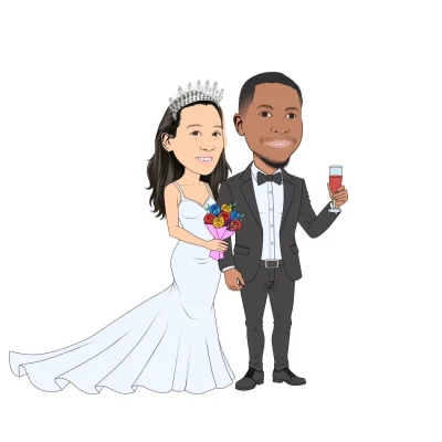 Cartoon caricature filled with flat colors for skin, clothing, and background elements