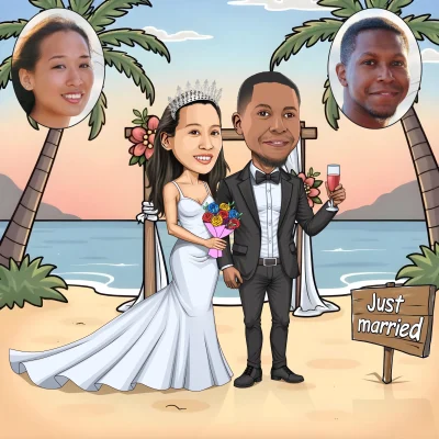 Custom caricature of a just married couple with romantic beach themed wedding background
