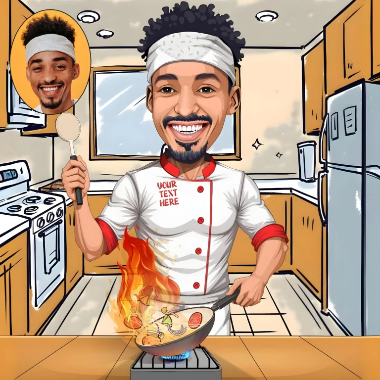Cartoon chef caricature holding utensils with spices and ingredients floating in the air