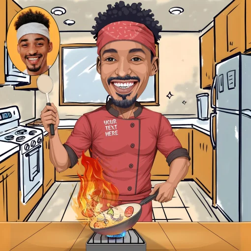 Custom chef caricature stirring ingredients in a frying pan inside a cartoon kitchen
