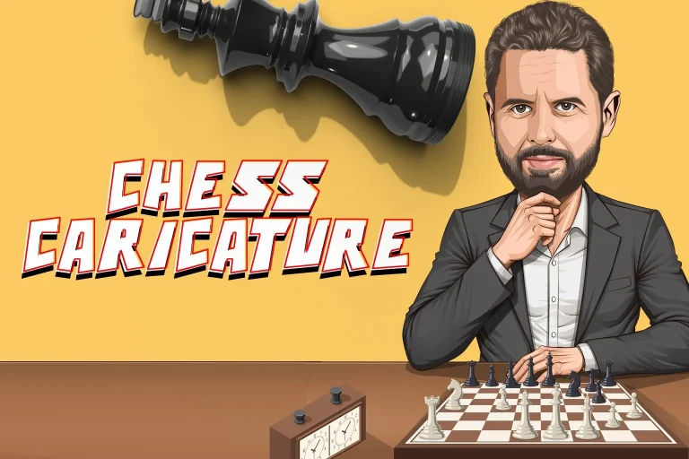 Cartoon-style chess caricature of a male player in uniform at a tournament table