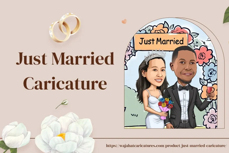 Custom caricature of a newlywed couple in a romantic cartoon wedding scene