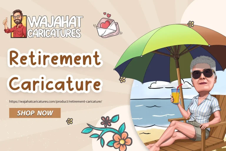 Custom retirement caricature illustration of a woman relaxing on beach with drink and umbrella – Wajahat Caricatures