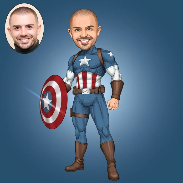 Cartoon caricature of a person wearing a Captain America-inspired superhero costume with shield, illustrated in bold lines and flat colors.