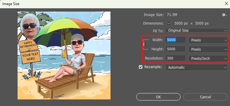 Custom retirement caricature of woman sitting under a colorful beach umbrella with sunglasses and drink