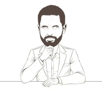 Clean black linework of cartoon chess caricature