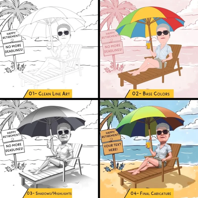 Female retirement caricature drawing shown in four stages – sketch, base colors, shading, final artwork