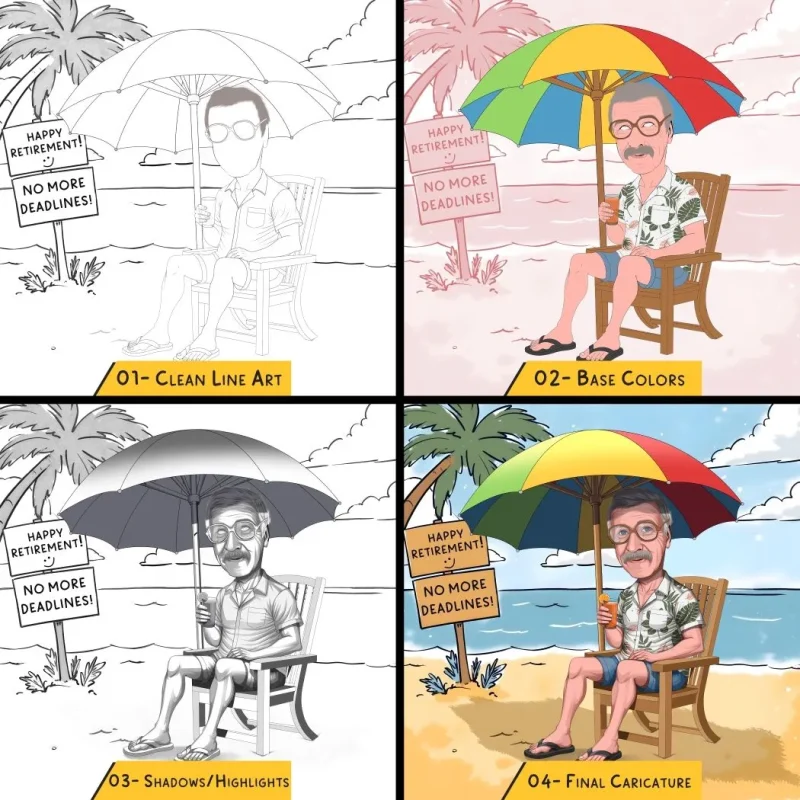 Four-step process showing how male retirement caricature is created from sketch to final artwork