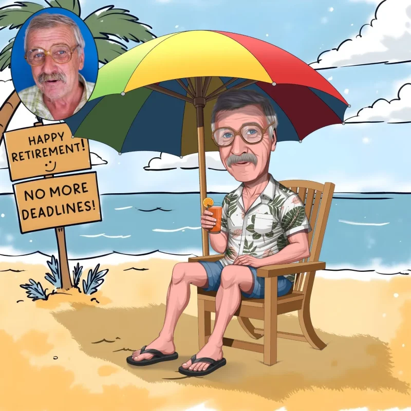 A digital hand-drawn caricature of a retired man sitting on a beach chair, enjoying a drink, with a “No More Deadlines” sign in the background.
